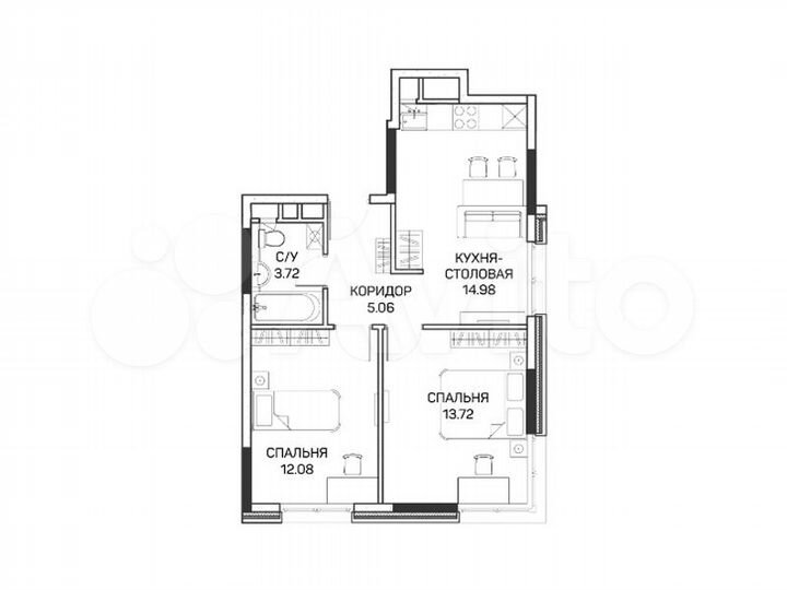 2-к. апартаменты, 49,6 м², 1/8 эт.