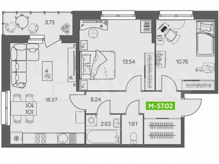 3-к. квартира, 57 м², 2/8 эт.