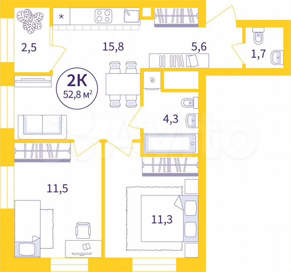 2-к. квартира, 51,5 м², 3/25 эт.