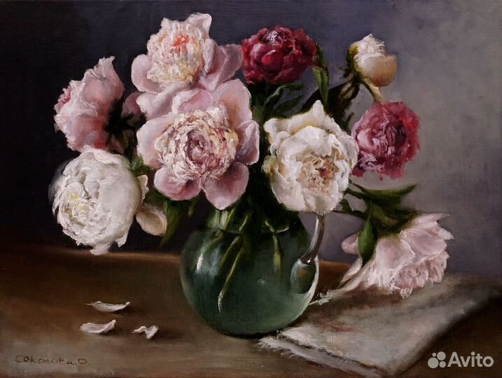 Картина маслом на холсте Пионы в вазе на заказ