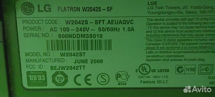 Монитор Lg Flatron W2042S-SF