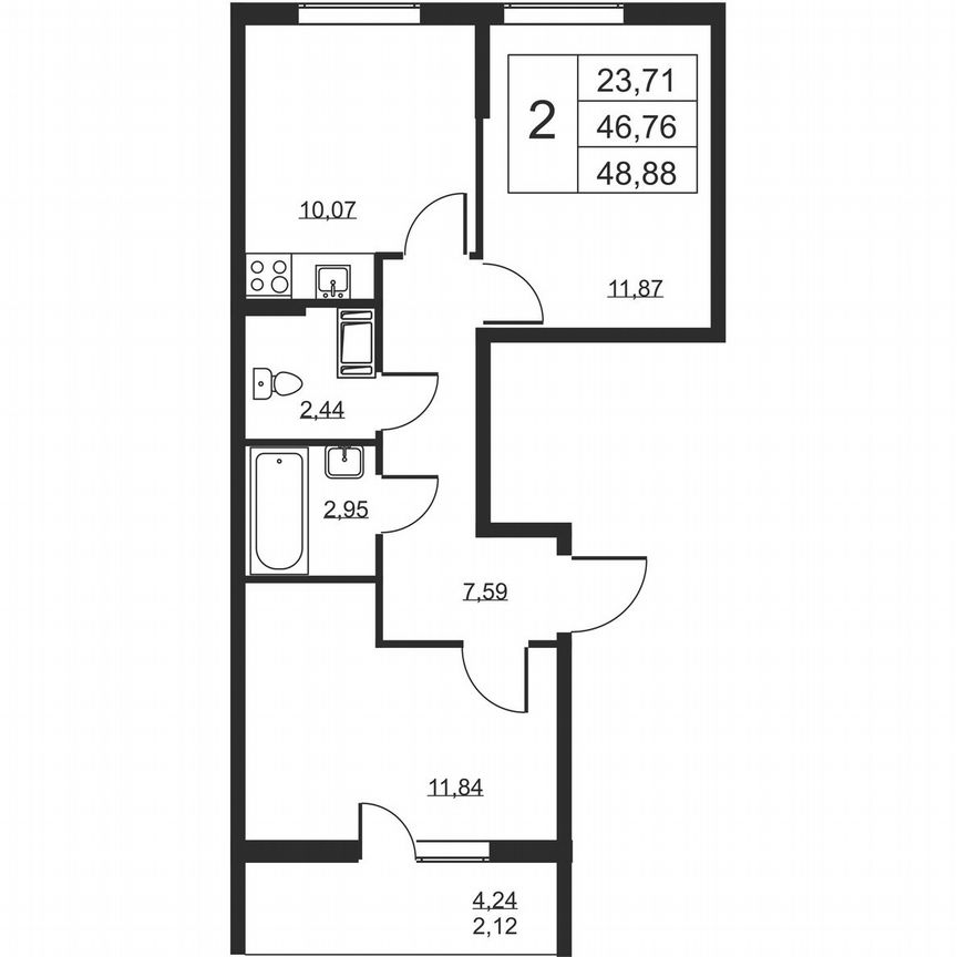 2-к. квартира, 48,9 м², 5/19 эт.