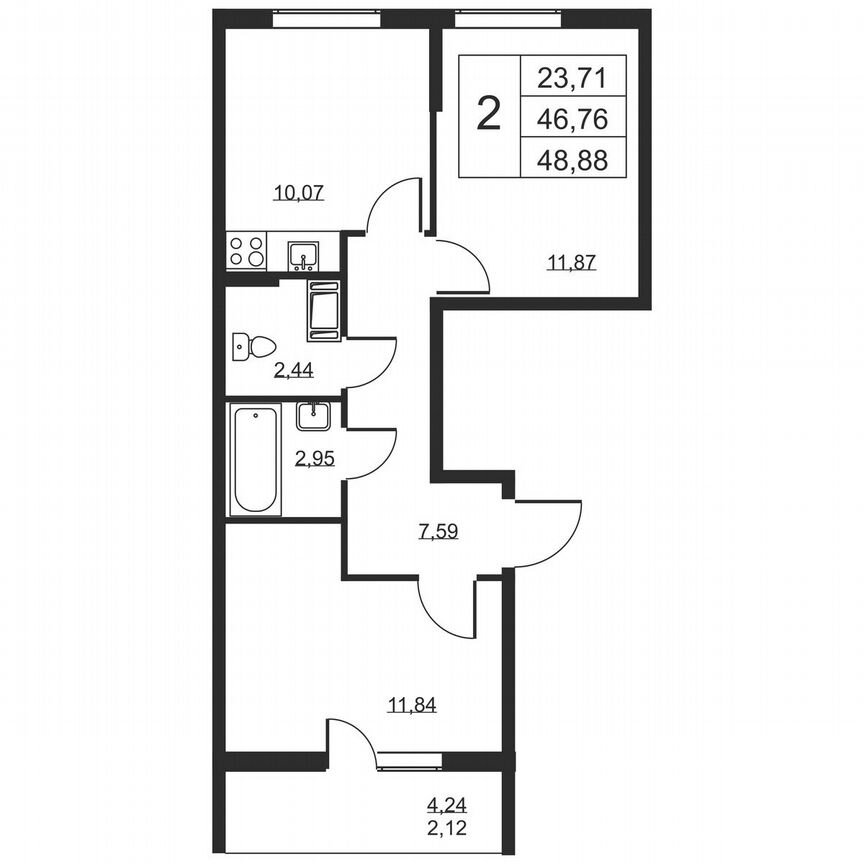 2-к. квартира, 48,9 м², 5/19 эт.