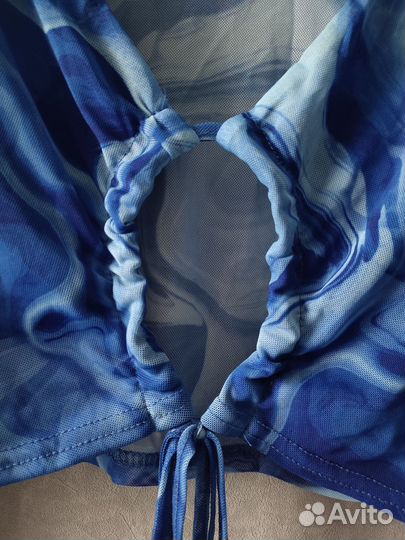 Кроп топ с длинным рукавом синий сетчатый