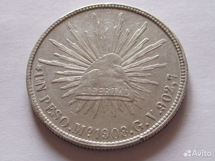 1 песо 1908 Мексика серебро 24,4 г