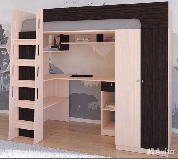 Кровать чердак со столом и шкафом Дуб Молочный/Бел