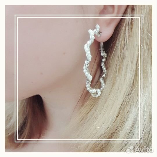 Серьги-кольца спираль с жемчугом 6 см