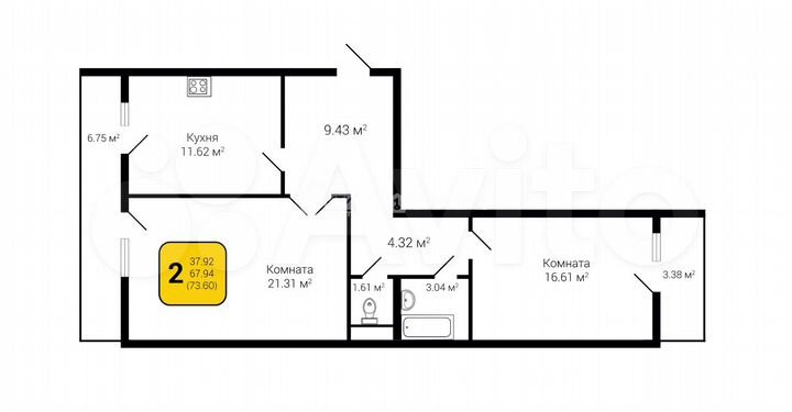 2-к. квартира, 73,6 м², 11/16 эт.