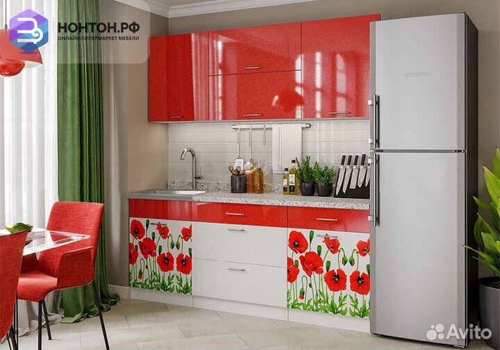 Кухня Маки красные 1.8 м белый глянец / красный ме