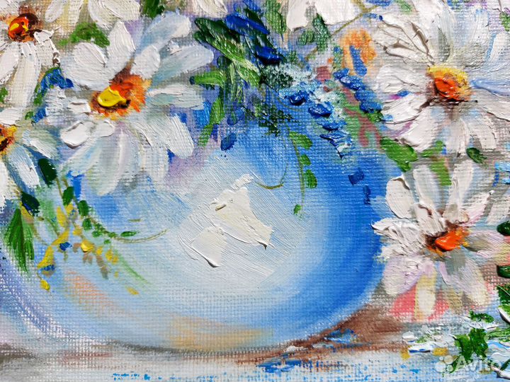 Картина с ромашками маслом Букет цветов в вазе