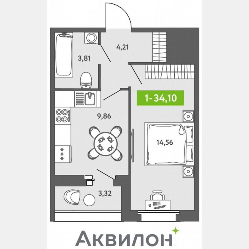 1-к. квартира, 34,1 м², 7/13 эт.