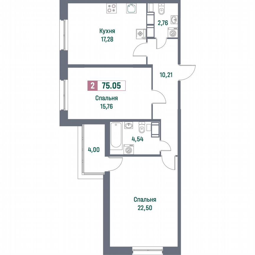 2-к. квартира, 75,1 м², 12/16 эт.