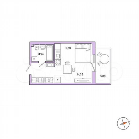 1-к. квартира, 25,2 м², 7/9 эт.