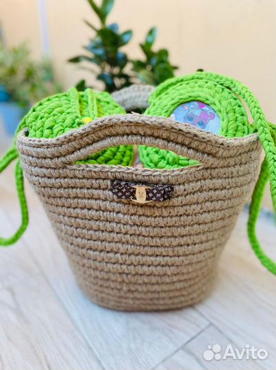 Сумка вязанная из джута, шнура, трикотажной пряжи
