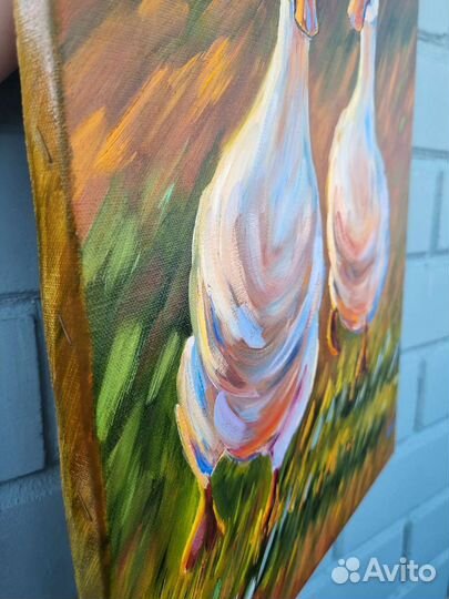 Картина маслом утки гуси птицы животные 35х45 см