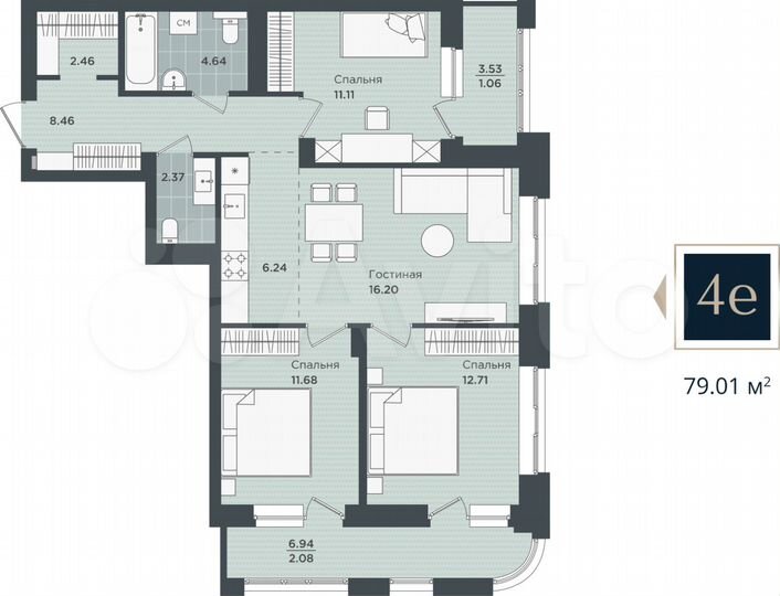 4-к. квартира, 79 м², 16/24 эт.