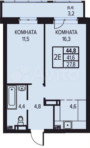 2-к. квартира, 44,8 м², 12/16 эт.