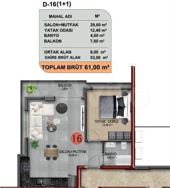 1-к. квартира, 53 м² (Турция)