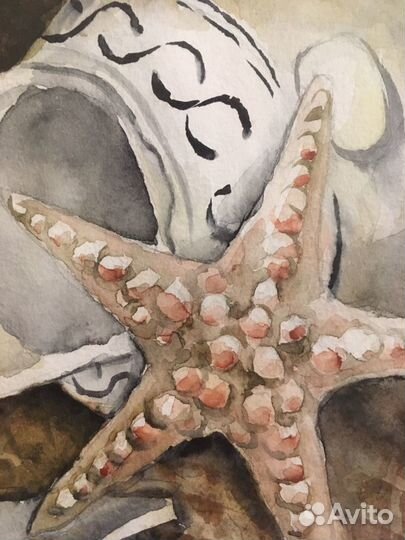 Картина 35х44см «На берегу» морской натюрморт, акв