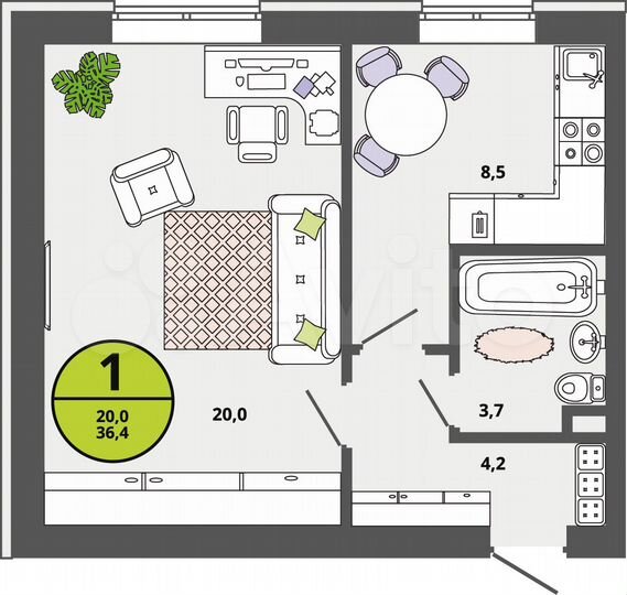 1-к. квартира, 36,4 м², 1/3 эт.