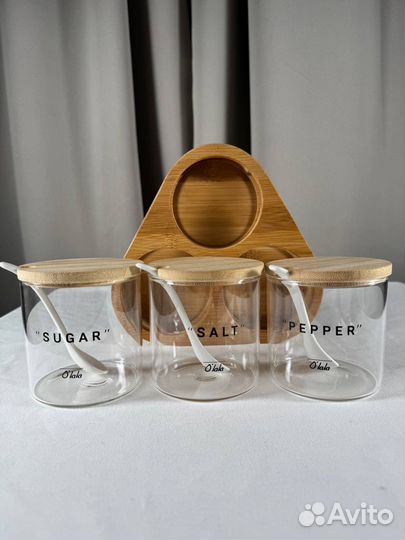 Стеклянные, деревяные баночки - сахар, соль, перец