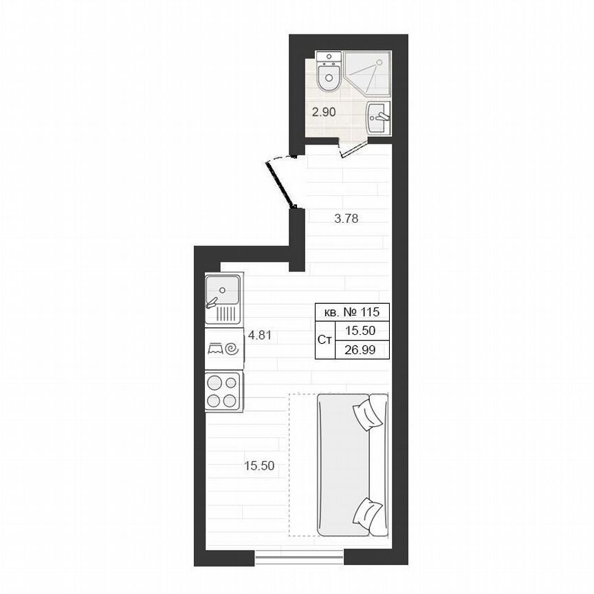 1-к. квартира, 27 м², 3/4 эт.
