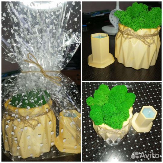 Кашпо со мхом, свечи Ручная работа