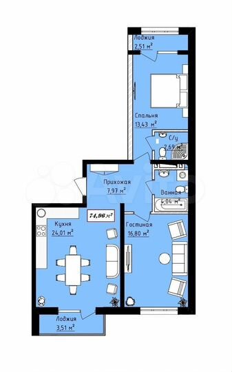 2-к. квартира, 75 м², 4/16 эт.