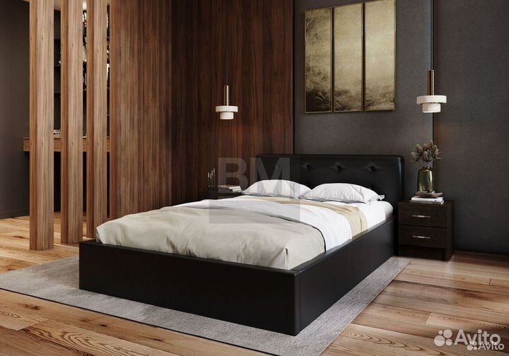 Кровать мягкая черная двуспальная