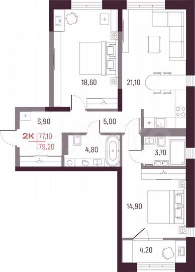 2-к. квартира, 77,1 м², 13/25 эт.