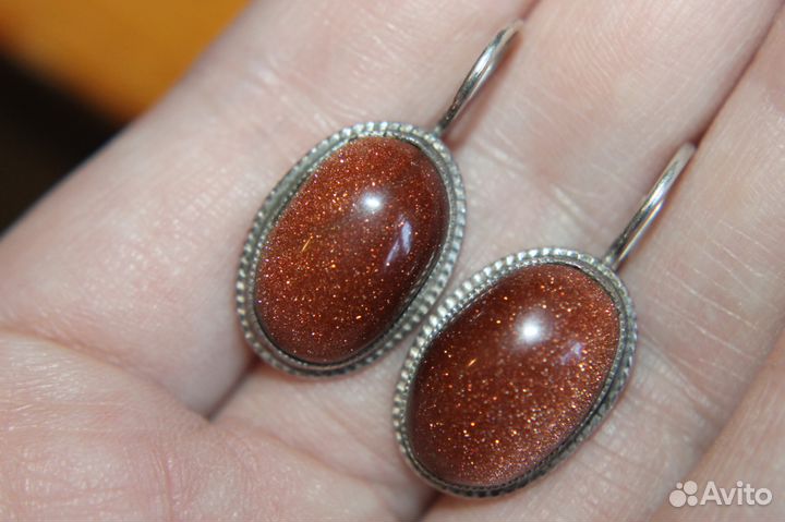 Серьги серебро 875 пробы СССР винтаж авантюрин
