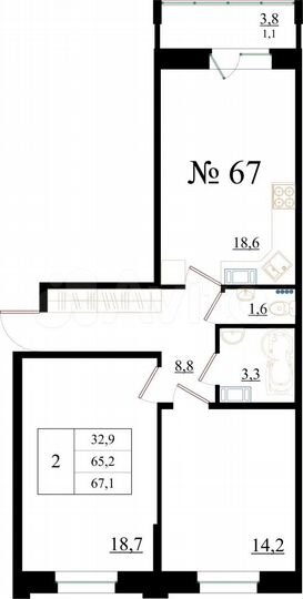 2-к. квартира, 67,1 м², 1/8 эт.