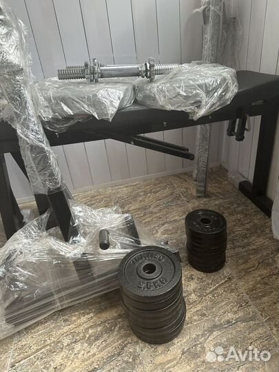 Скамья, стойки, штанга, гантели, блины Torneo