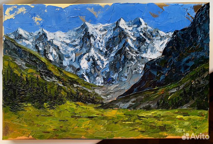 Картина горы Кавказа 20*30 см Домбай Эльбрус