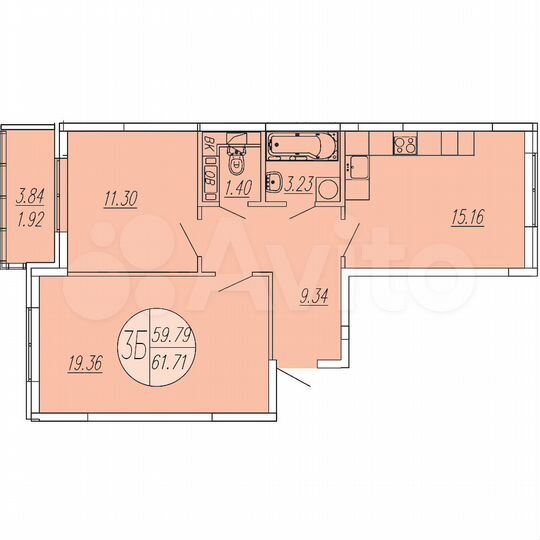 3-к. квартира, 61,7 м², 3/4 эт.