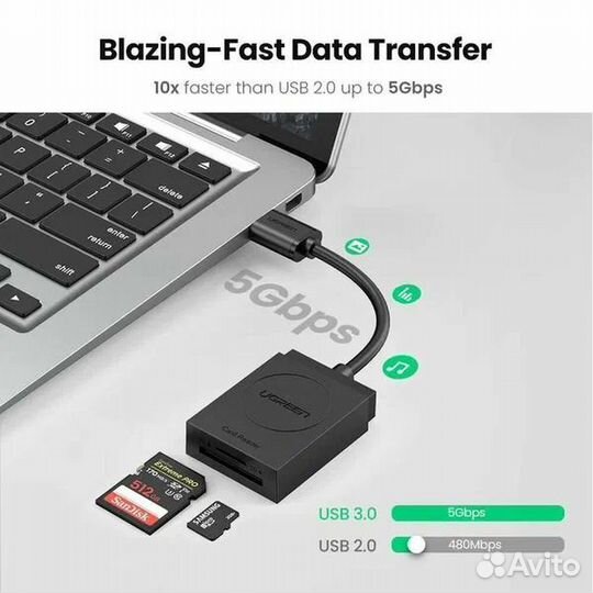 Картридер USB3.0 для чтения SD, microSD, новый