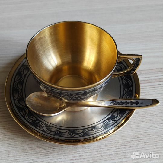 Кофейная чашка с блюдцем и ложечкой, серебро 875