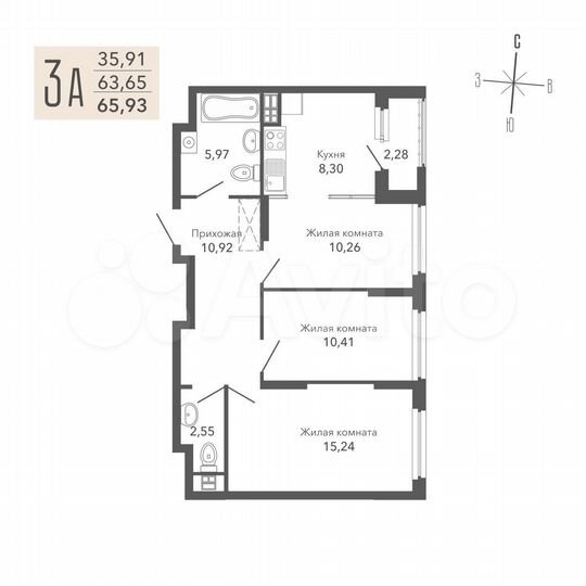 3-к. квартира, 65,9 м², 4/16 эт.