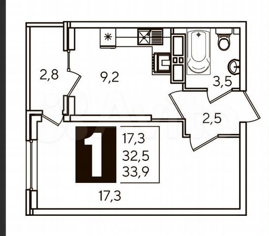 Своб. планировка, 33,9 м², 14/24 эт.