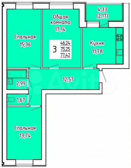 3-к. квартира, 77,4 м², 1/9 эт.