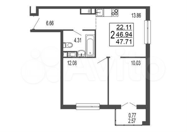 2-к. квартира, 46,9 м², 3/17 эт.