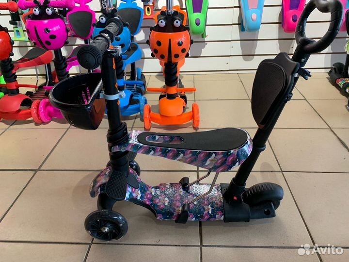 Самокат 5 в 1 принтованный,Синие цветы
