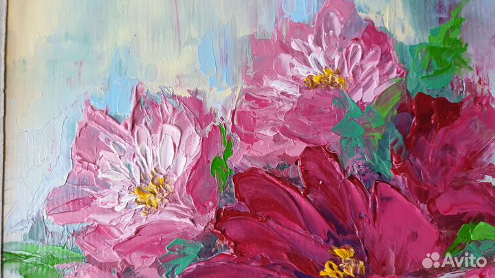 Картина букет пионов 13х18см в раме масло холст