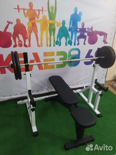 Скамья, стойки, штанга 78 кг