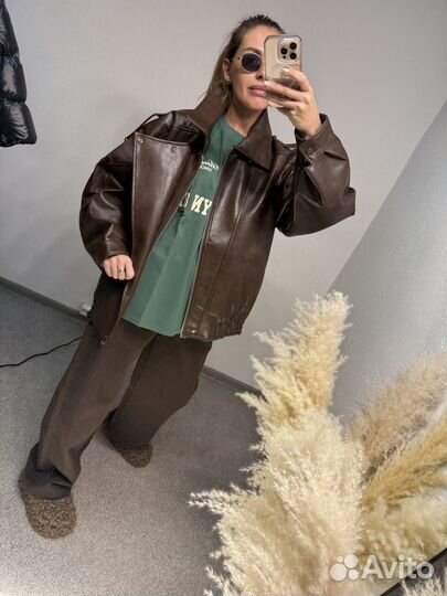 Кожаный бомбер утепленный женский Корея