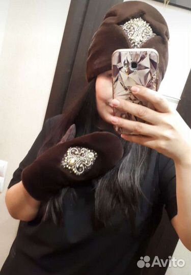 Комплект.шапка+варежки, со стразами, камнями