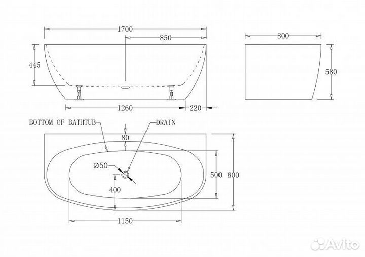 Ванна акриловая пристенная belbagno BB83-1700