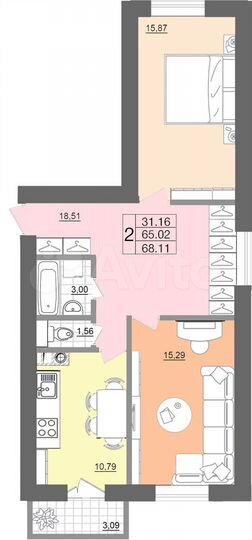 2-к. квартира, 68,2 м², 3/10 эт.