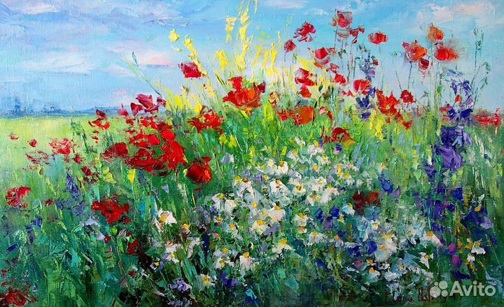 Картина маслом «Цветочная палитра луга» 36х58 см