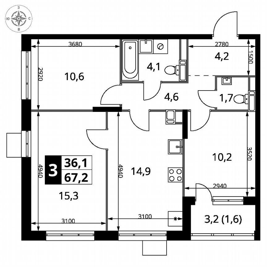 3-к. квартира, 67,2 м², 9/25 эт.